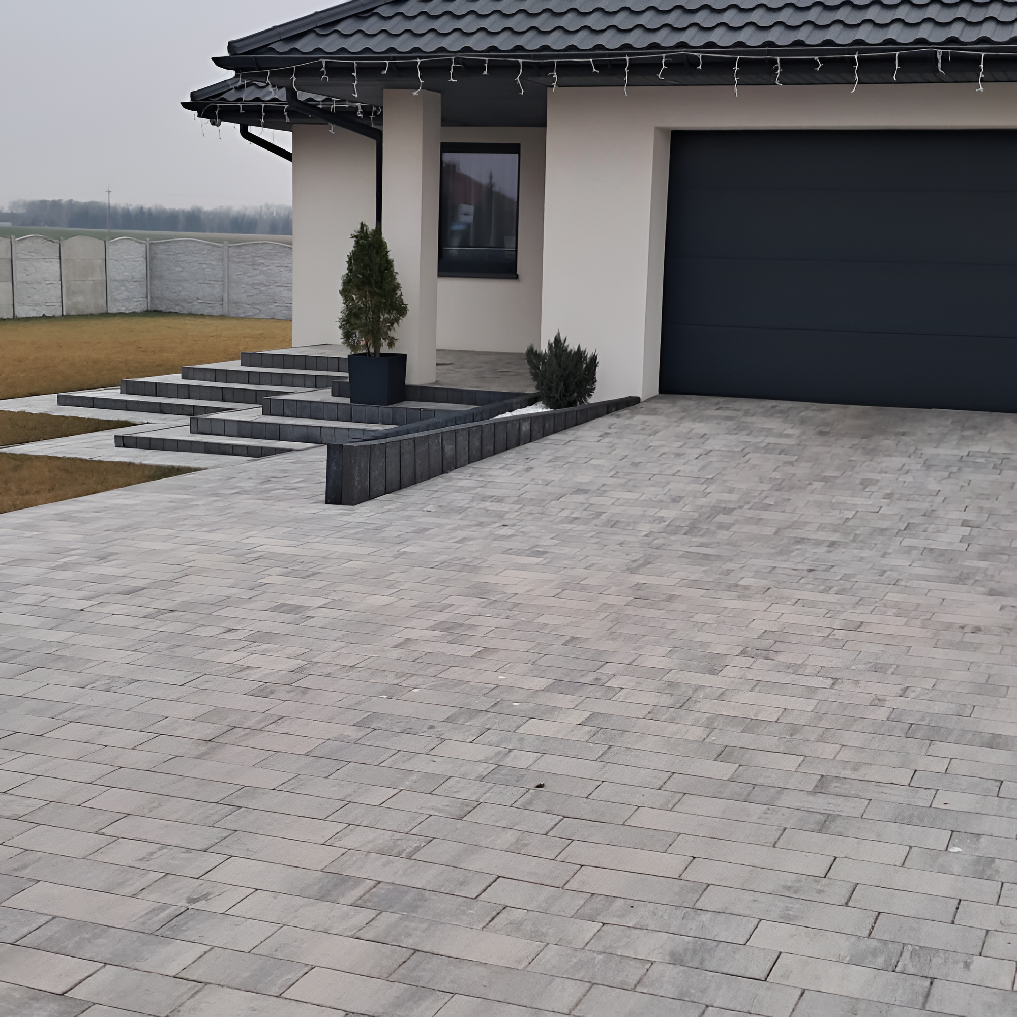 Profesjonalne układanie kostki brukowej w Kutnie – ekipa Milstarbruk po realizacji nowoczesnego podjazdu przed domem jednorodzinnym.